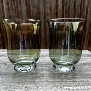 Crate & Barrel Abbey Iridescent Green Hurricane Candle Holders Poland-Set of Two